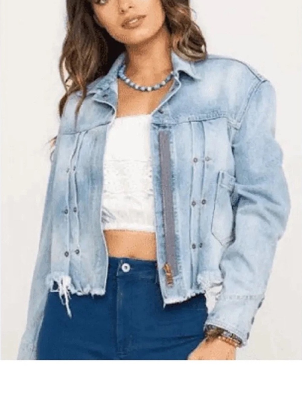 Free People Light Blue Cropped Distressed Denim Jacket